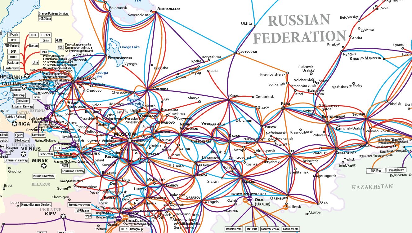 Фрагмент интерактивной карты с изображением магистральных сетей
