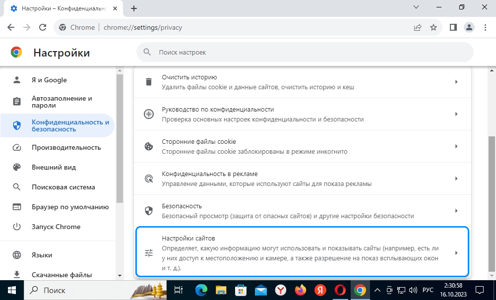Раздел «Настройки сайтов» в браузере Google Chrome