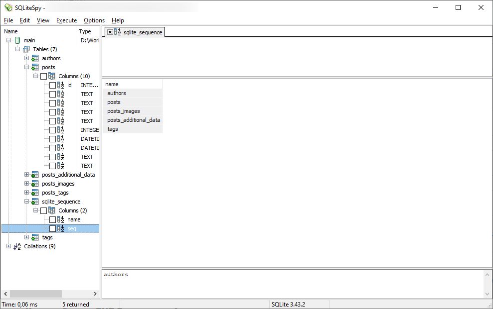 Внешний вид (интерфейс) СУБД SQLiteSpy для чтения и правки простых баз данных